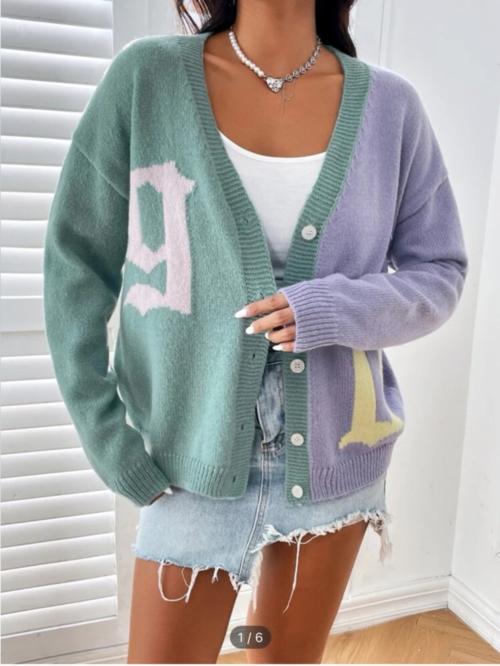 Colorblock Letter Button-Front Cardigan - Mint & Lavender